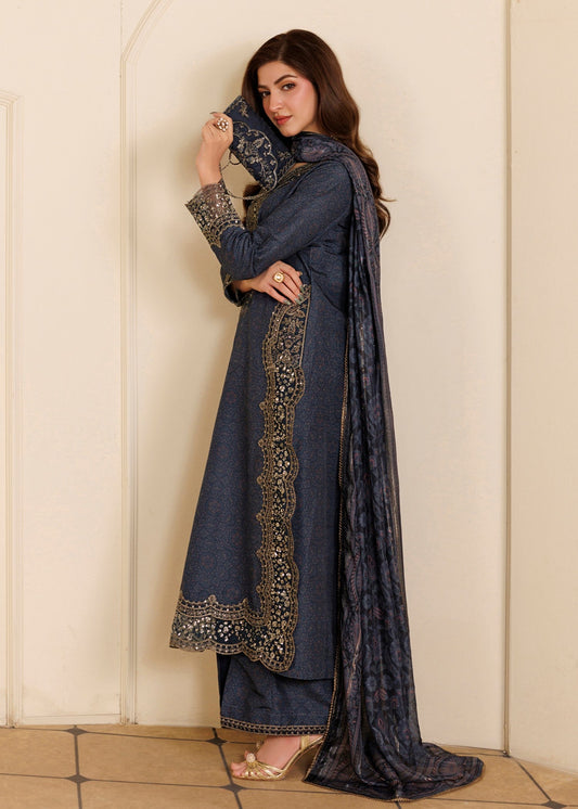 Midnight Blue Embroidered Blended Khaddar Unstitched Suit Online in Dubai DXB UAE Abudhabi Meena Bazaar