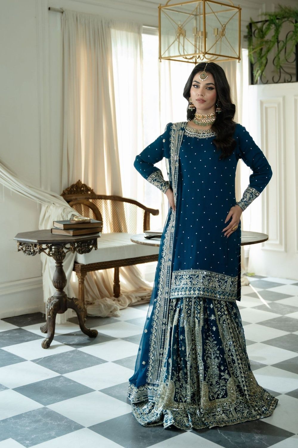 Midnight Blue Embroidered Chiffon Gharara Suit Online in Dubai UAE Abudhabi Ajman Sharjah