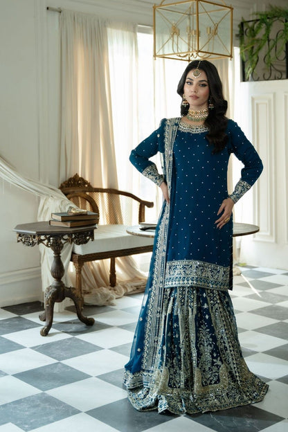 Midnight Blue Embroidered Chiffon Gharara Suit Online in Dubai UAE Abudhabi Ajman Sharjah