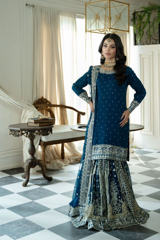 Midnight Blue Embroidered Chiffon Gharara Suit Online in Dubai UAE Abudhabi Ajman Sharjah