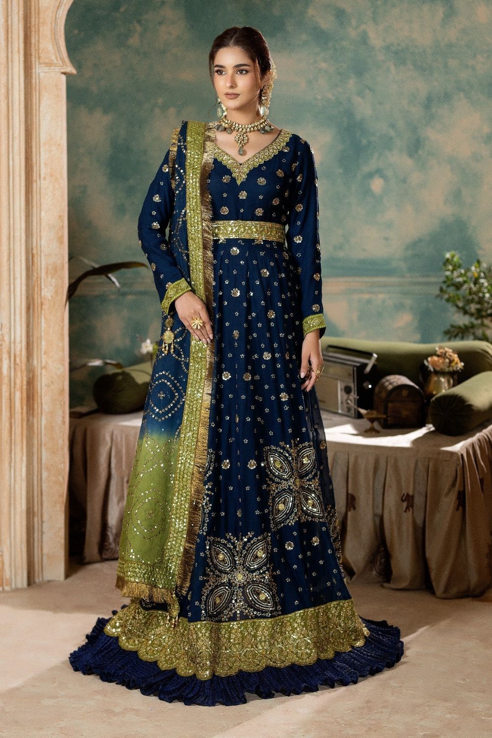 Midnight Blue Embroidered Chiffon Partywear Suit Online in Dubai UAE Abudhabi Ajman Sharjah