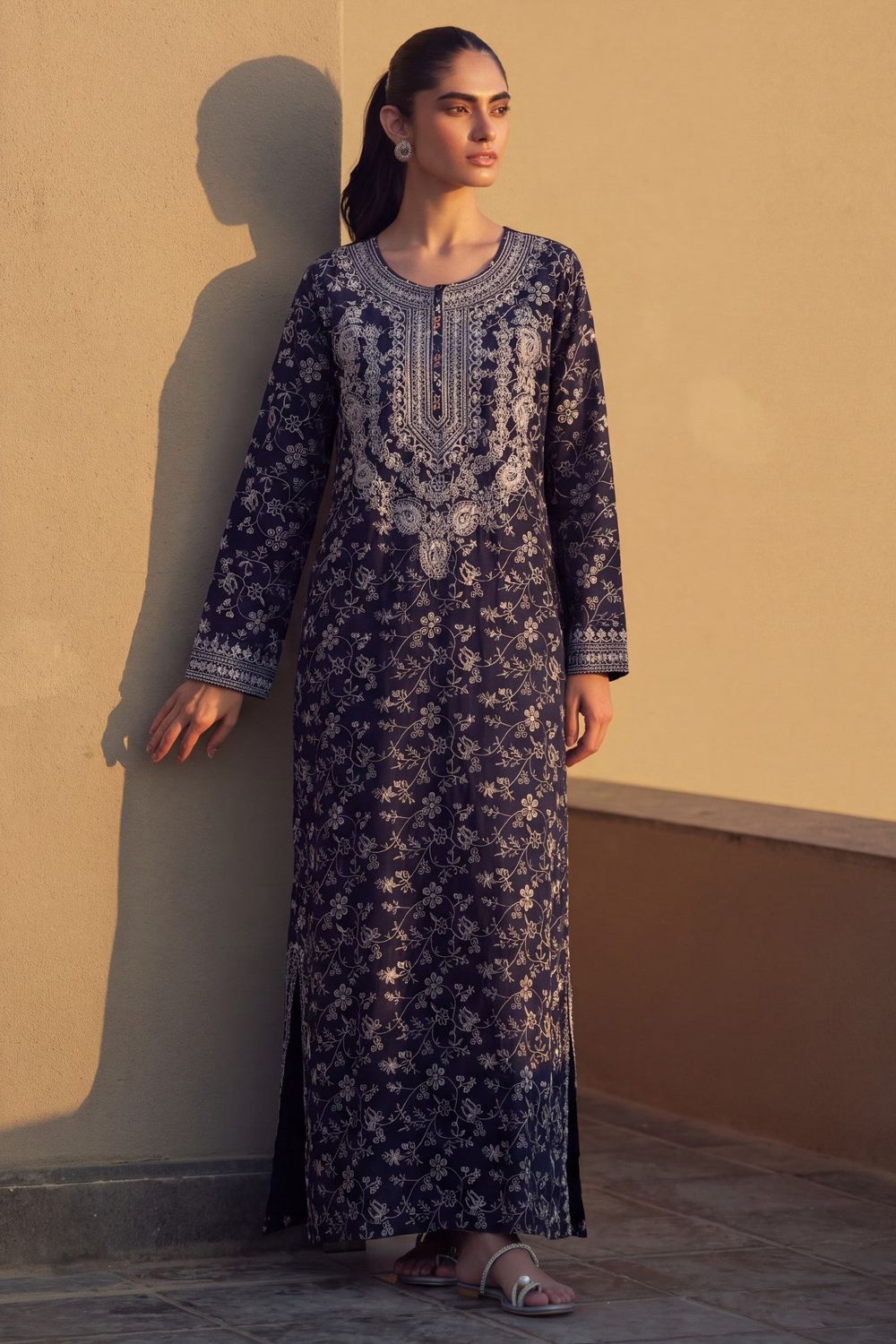 Midnight Blue Embroidered Cotton Kaftan Online in Dubai UAE Abudhabi Ajman Sharjah