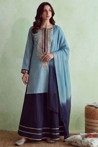 Midnight Blue Embroidered Khaddar Sharara Online in Dubai UAE Abudhabi Ajman Sharjah