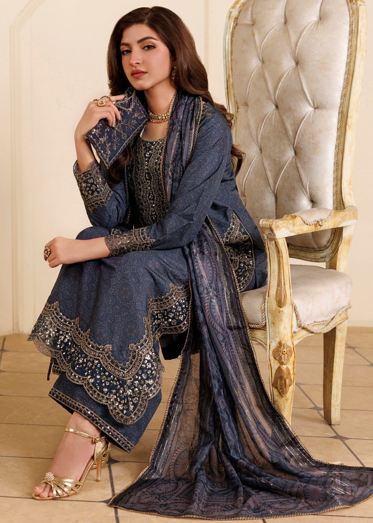 Midnight Blue Embroidered Winter Wear Blended Khaddar Suit Online in KSA Riyadh Saudi Arabia Oman Bahrain Qatar
