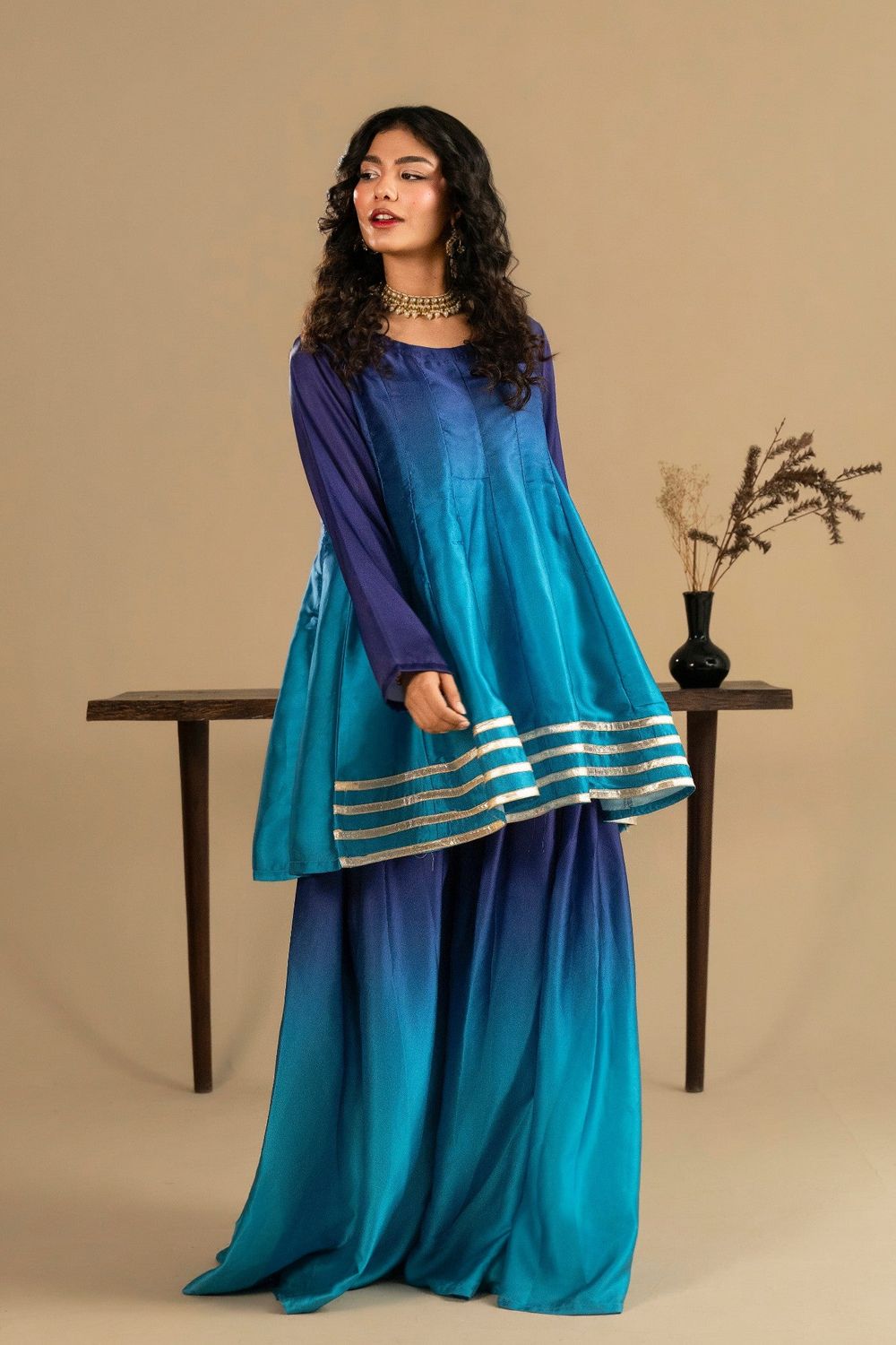 Midnight Blue Gota Work Silk Sharara Online in Dubai UAE Abudhabi Ajman Sharjah
