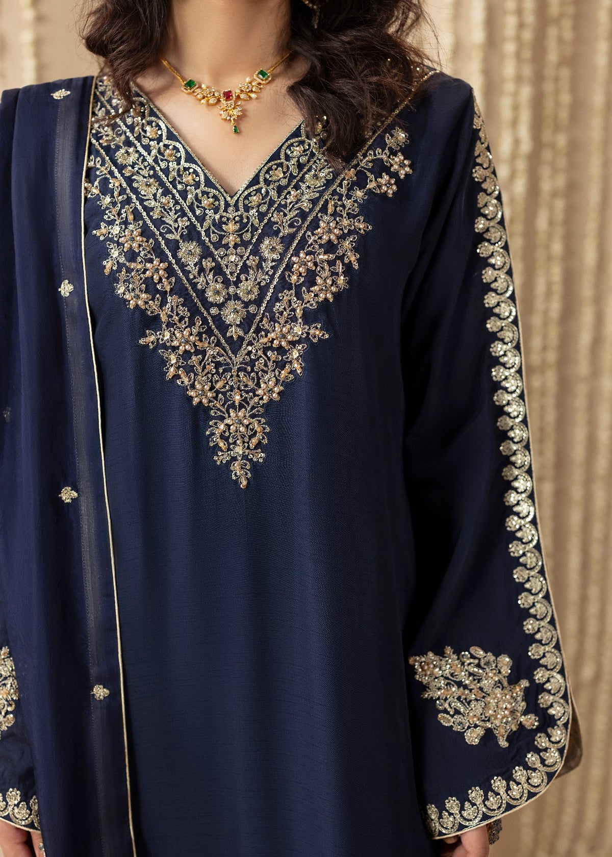 Midnight Blue Korean Silk Kaftan with Trousers Online in KSA Riyadh Saudi Arabia Oman Bahrain Qatar