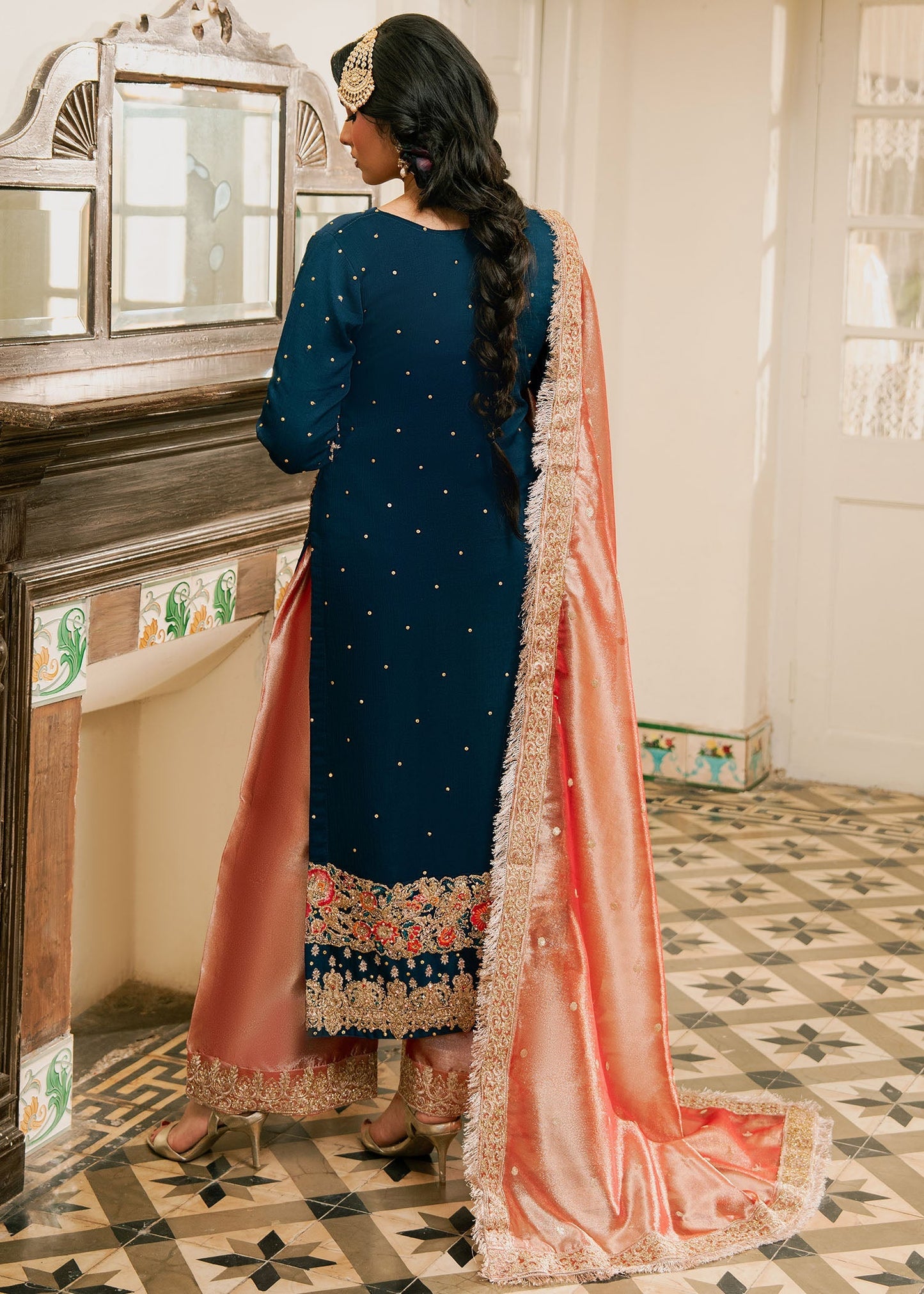 Midnight Navy Teal Embroidered Chiffon Guest Wear Online in Sri Lanka India Australia