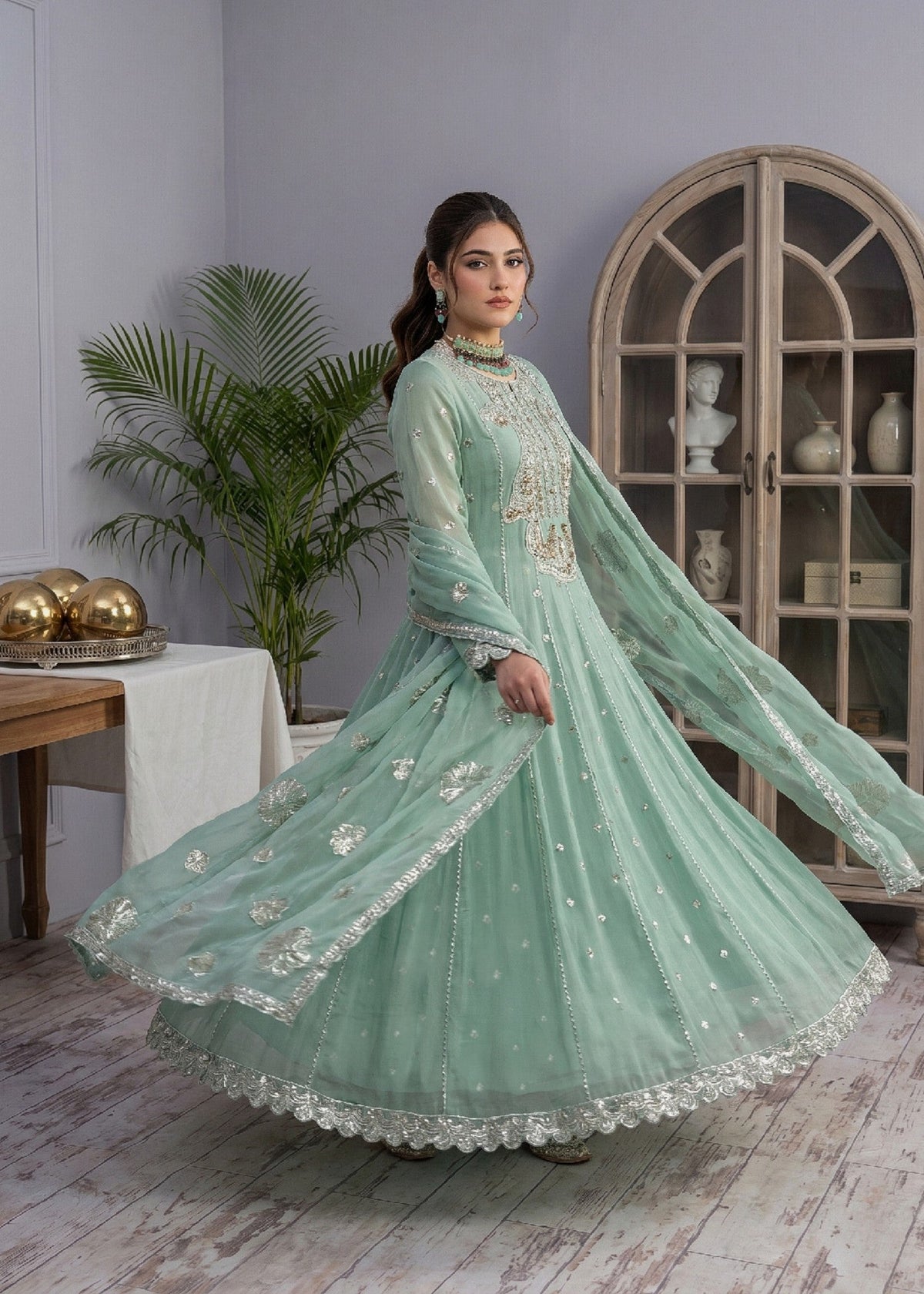 Mint Green Chiffon Embroidered Pakistani Suit Online in Dubai UAE Abudhabi Ajman Sharjah