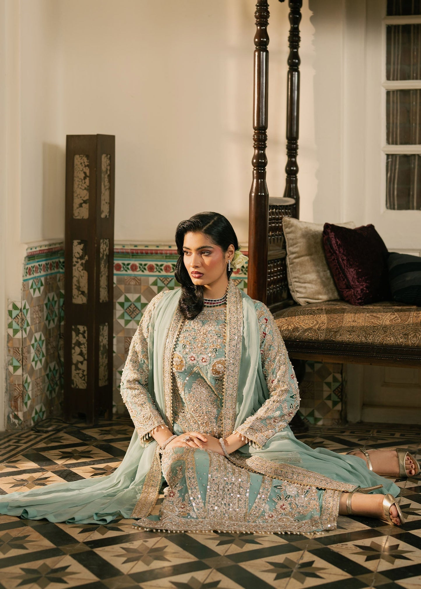 Mint Green Chiffon Embroidered Wedding Outfit Online in Sri Lanka India Australia