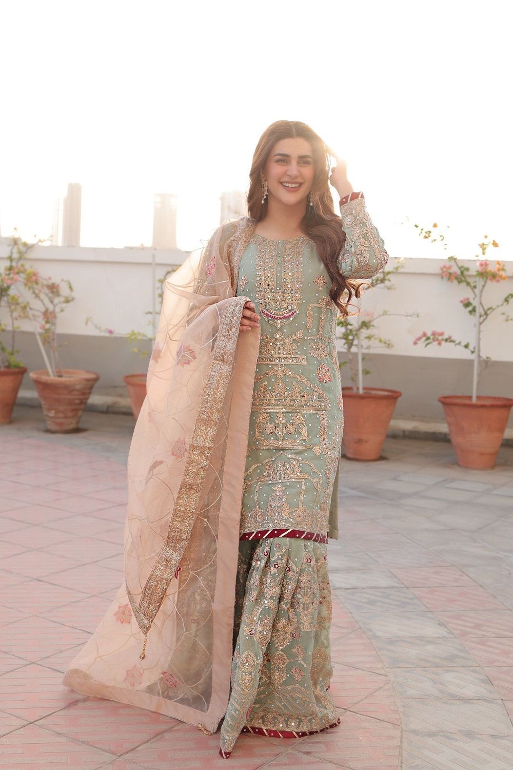 Mint Green Chiffon Gharara Suit Online in Dubai UAE Abudhabi Ajman Sharjah