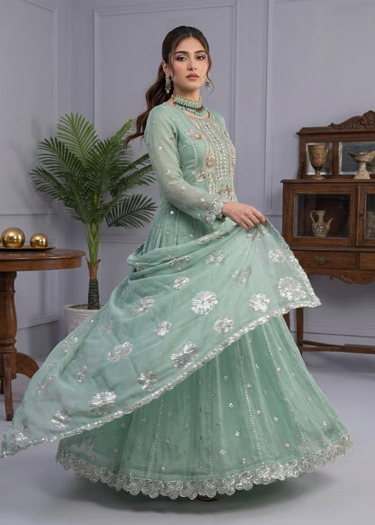 Mint Green Chiffon Pishwas Pakistani Designer Suit Online in Dubai UAE Abudhabi Ajman Sharjah