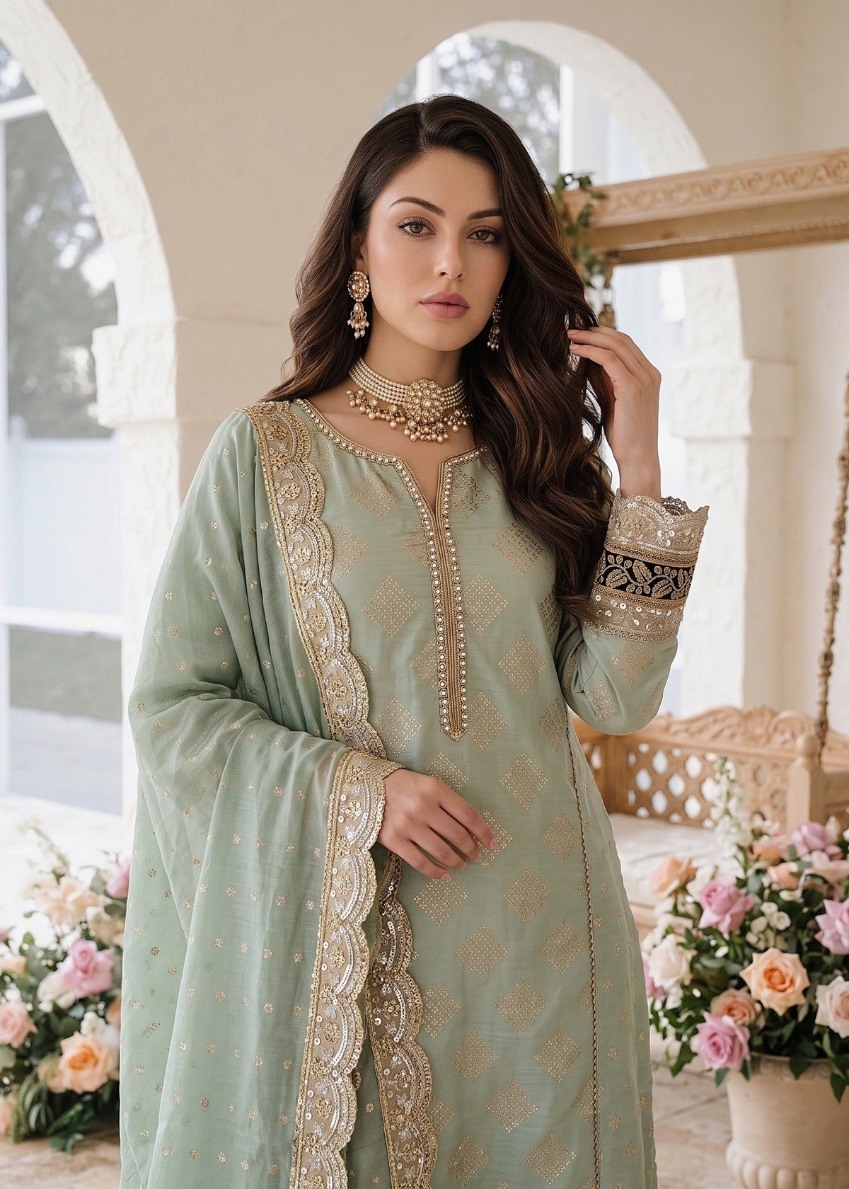 Mint Green Cotton Masuri Pishwas with Dupatta Online in Dubai UAE Abudhabi Ajman Sharjah