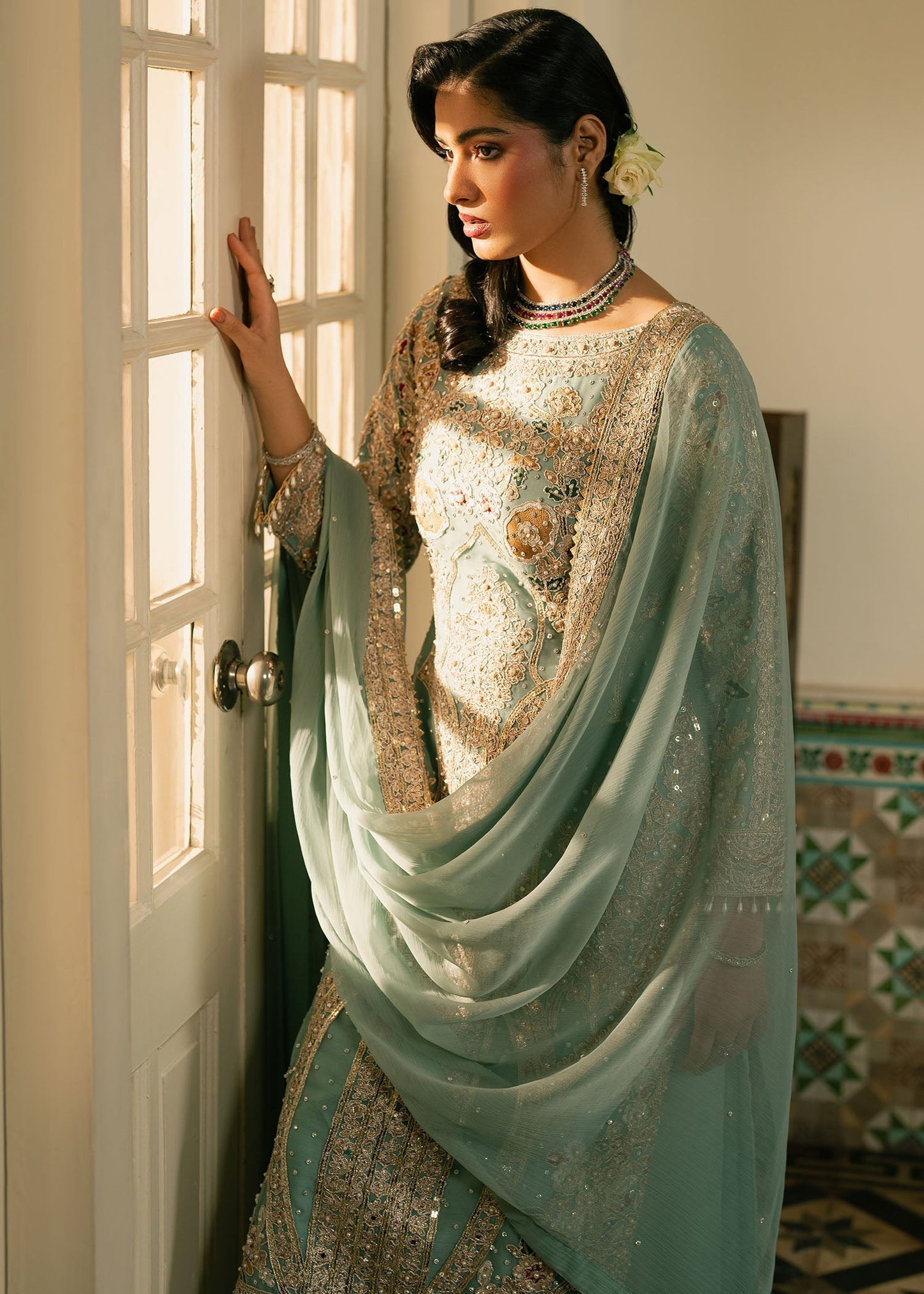 Mint Green Embellished Chiffon Pakistani Wedding Dress Online in Dubai DXB UAE Abudhabi Meena Bazaar