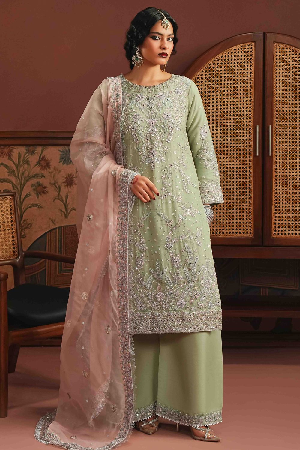 Mint Green Embellished Net Wedding Guest Suit Online in Dubai UAE Abudhabi Ajman Sharjah