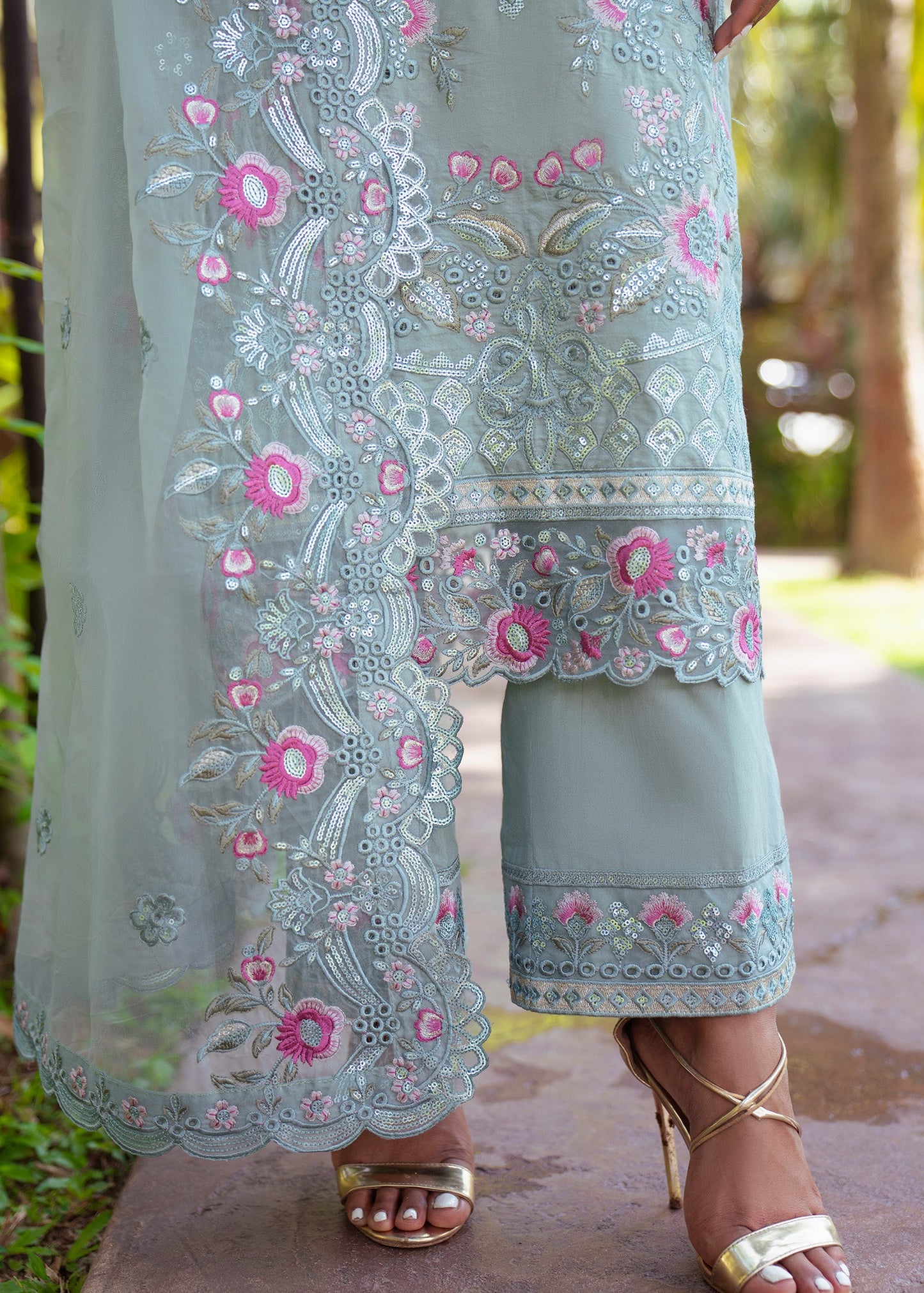Mint Green Embroidered 3 Piece Suit Online in Dubai DXB UAE Abudhabi Meena Bazaar