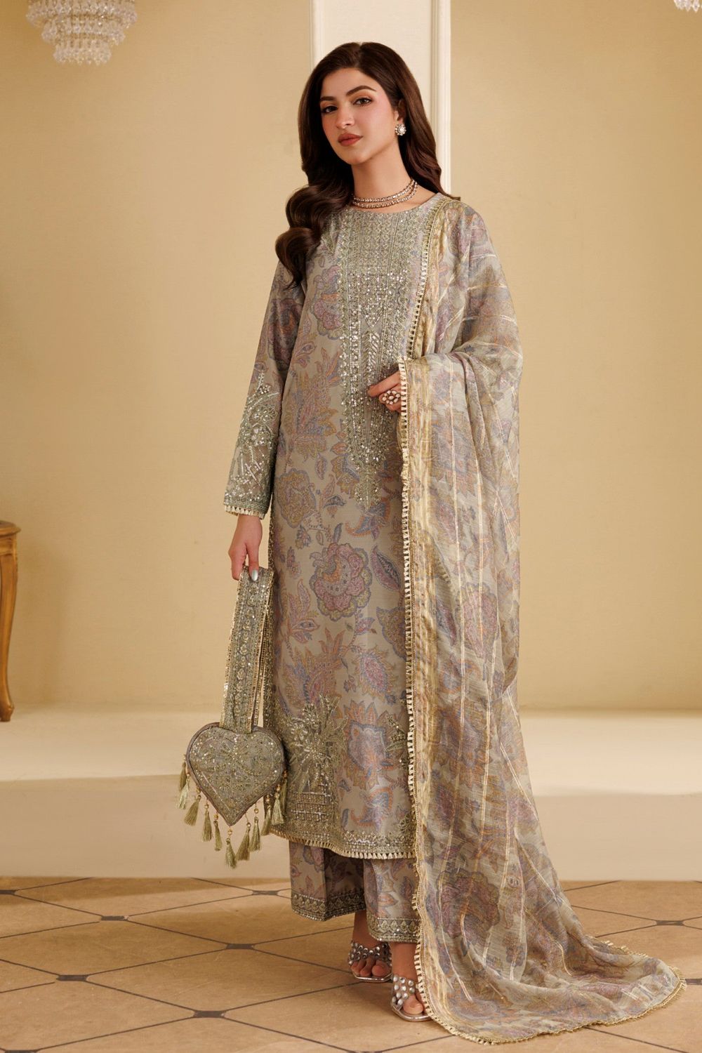 Mint Green Embroidered Blended Khaddar Pakistani Suit Online in Dubai UAE Abudhabi Ajman Sharjah