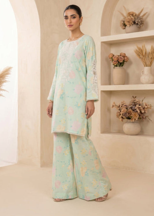 Mint Green Embroidered Cambric Cotton Asymmetrical Shirt Online in UK USA Canada