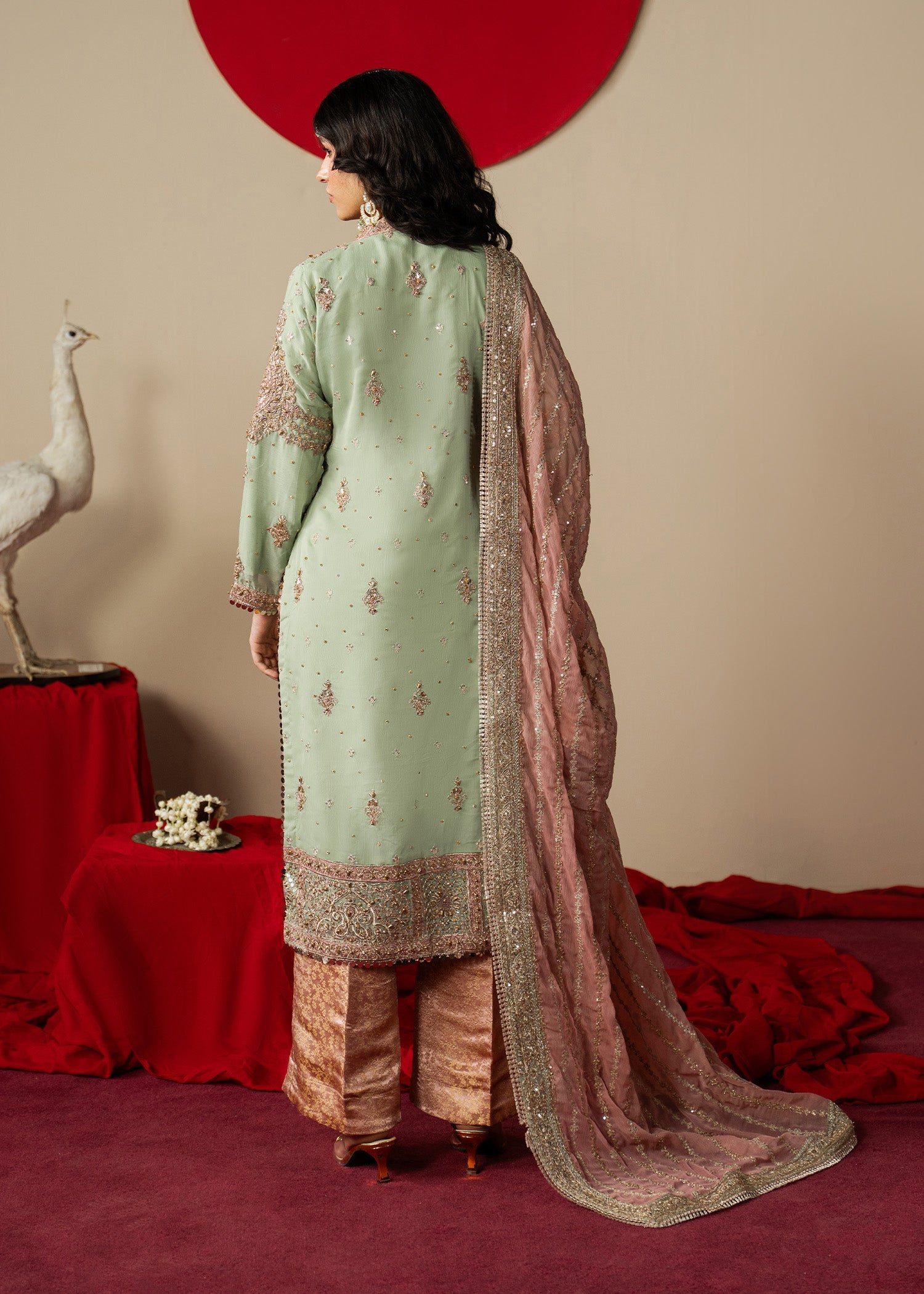 Mint Green Embroidered Chiffon Kurta Palazzo Online in KSA Riyadh Saudi Arabia Oman Bahrain Qatar