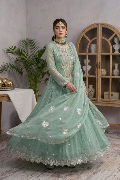 Mint Green Embroidered Chiffon Pishwas Suit Online in Dubai UAE Abudhabi Ajman Sharjah