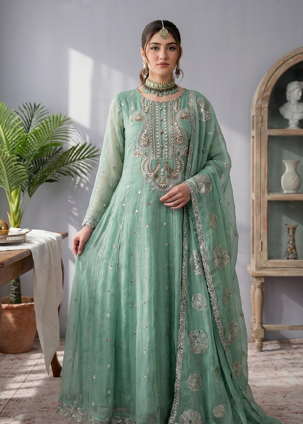 Mint Green Embroidered Chiffon Shalwar Kameez Online in Sri Lanka India Australia