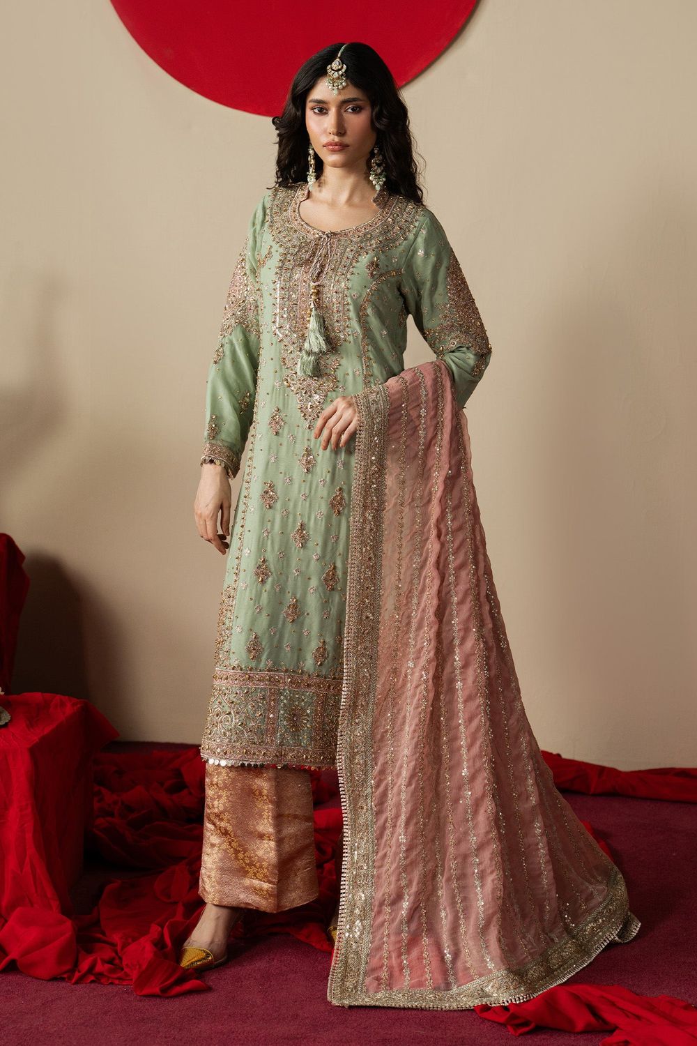Mint Green Embroidered Chiffon Wedding Guest Suit Online in Dubai UAE Abudhabi Ajman Sharjah