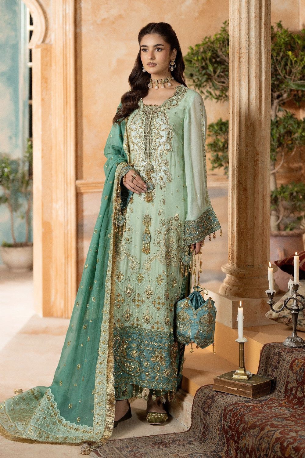 Mint Green Embroidered Chiffon Wedding Suit Online in Dubai UAE Abudhabi Ajman Sharjah