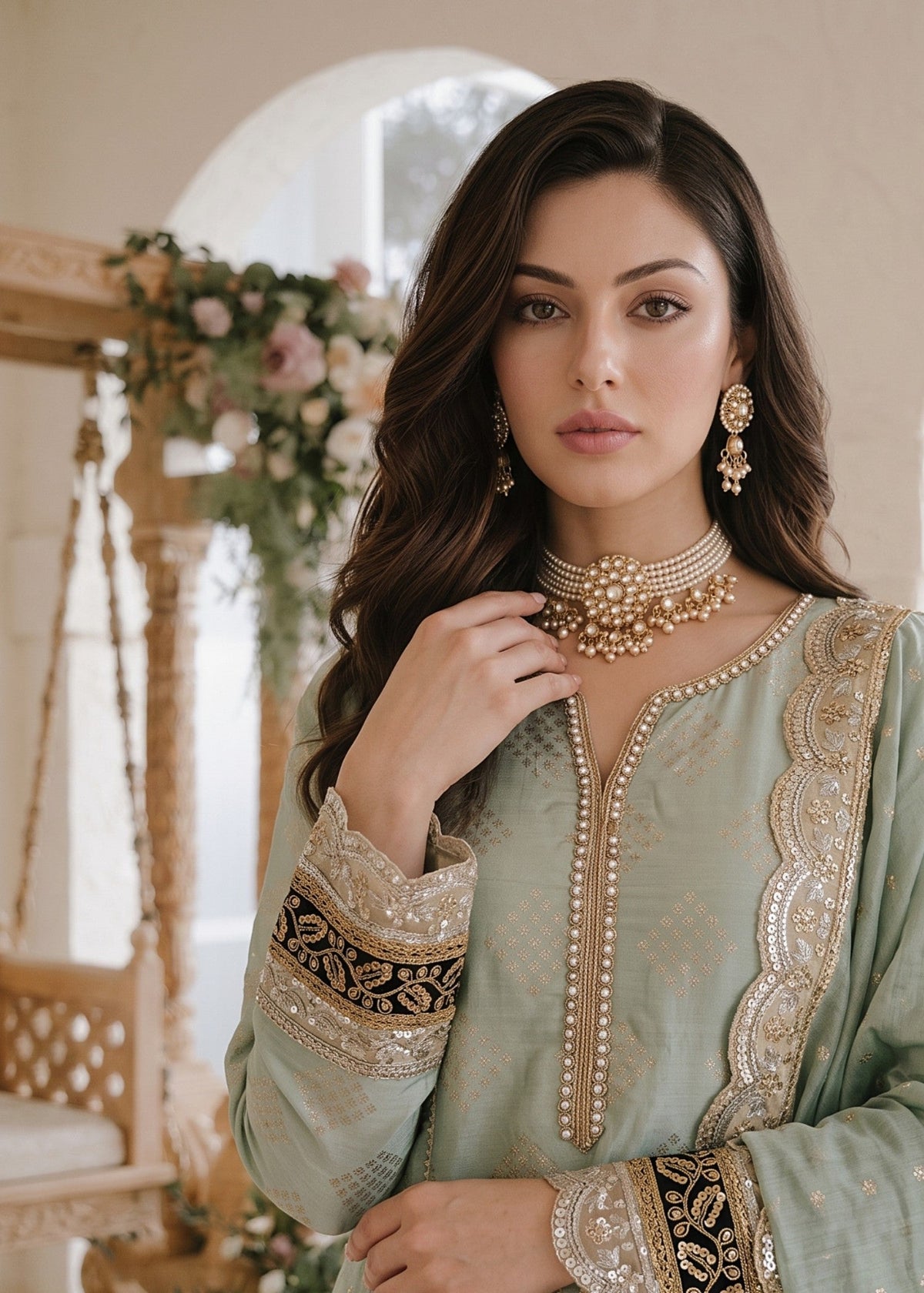 Mint Green Embroidered Cotton Masuri Pakistani Suit Online in Dubai DXB UAE Abudhabi Meena Bazaar