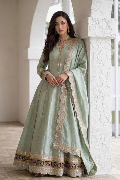 Mint Green Embroidered Cotton Masuri Pishwas Suit Online in Dubai UAE Abudhabi Ajman Sharjah