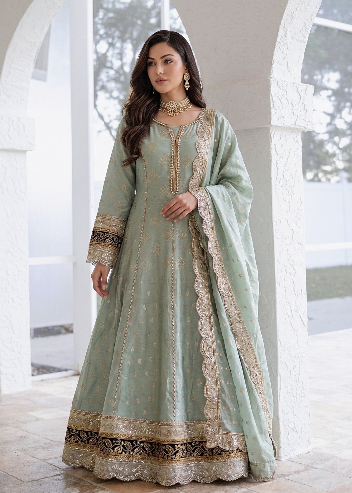 Mint Green Embroidered Cotton Masuri Salwar Kameez Online in UK USA Canada