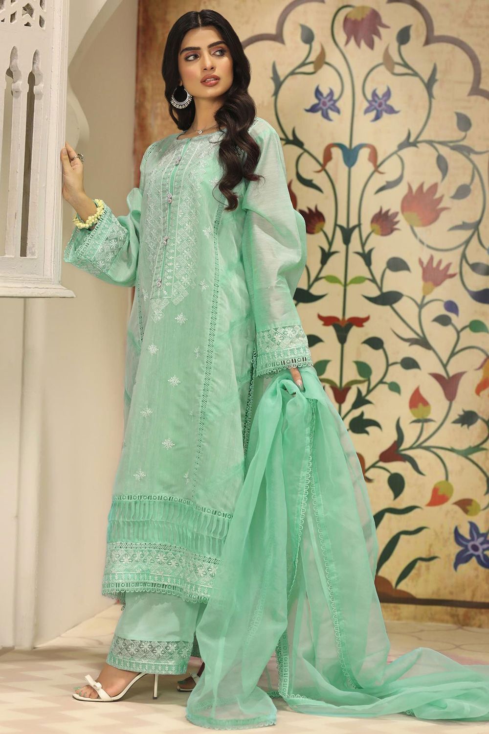 Mint Green Embroidered Cotton Partywear Suit Online in Dubai UAE Abudhabi Ajman Sharjah