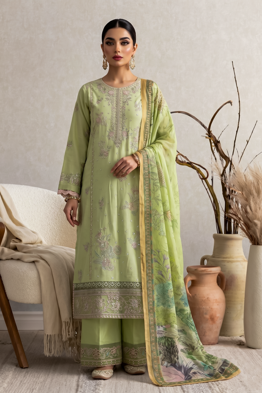 Mint Green Embroidered Cotton Partywear Suit Online in Dubai UAE Abudhabi Ajman Sharjah