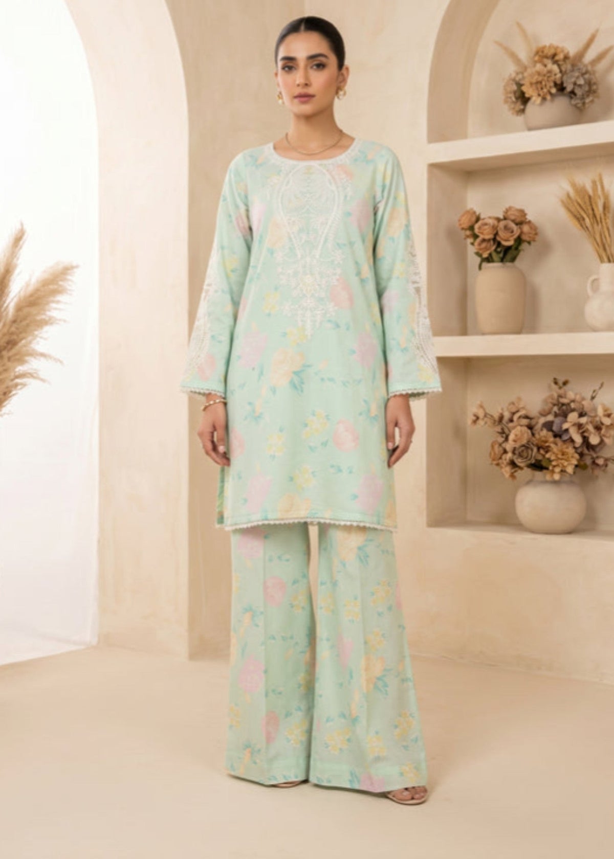 Mint Green Embroidered Cotton Plazzo Set Online in Sri Lanka India Australia