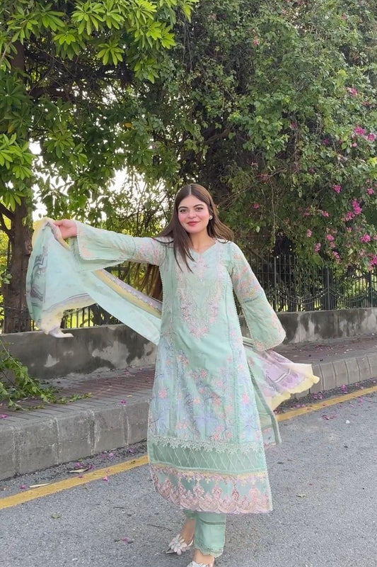 Mint Green Embroidered Cotton Silk Party Wear Suit Online in Dubai UAE Abudhabi Ajman Sharjah