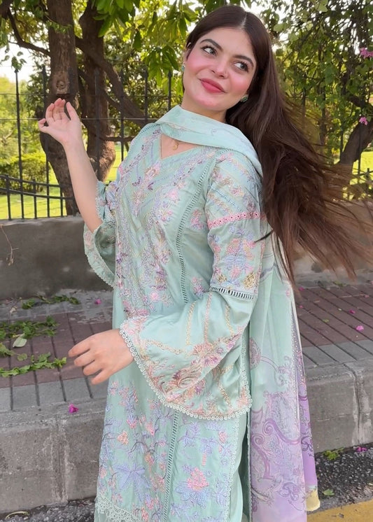 Mint Green Embroidered Cotton Silk Readymade Suit Online in Dubai DXB UAE Abudhabi Meena Bazaar