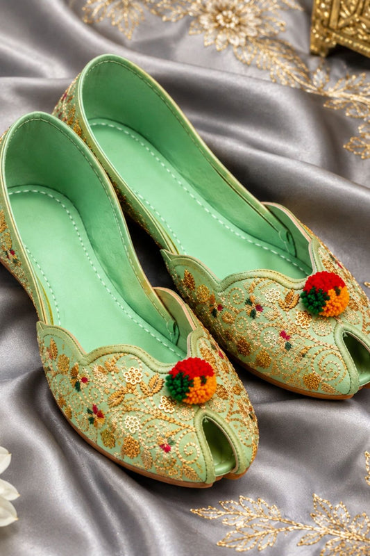 Mint Green Embroidered Khussa Ladies Ethnic Shoes Online in Dubai UAE Abudhabi Ajman Sharjah