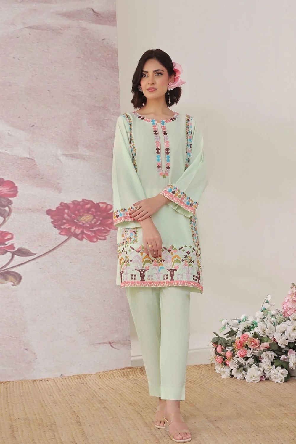 Mint Green Embroidered Lawn Cotton Straight Kurta Set Online in Dubai UAE Abudhabi Ajman Sharjah