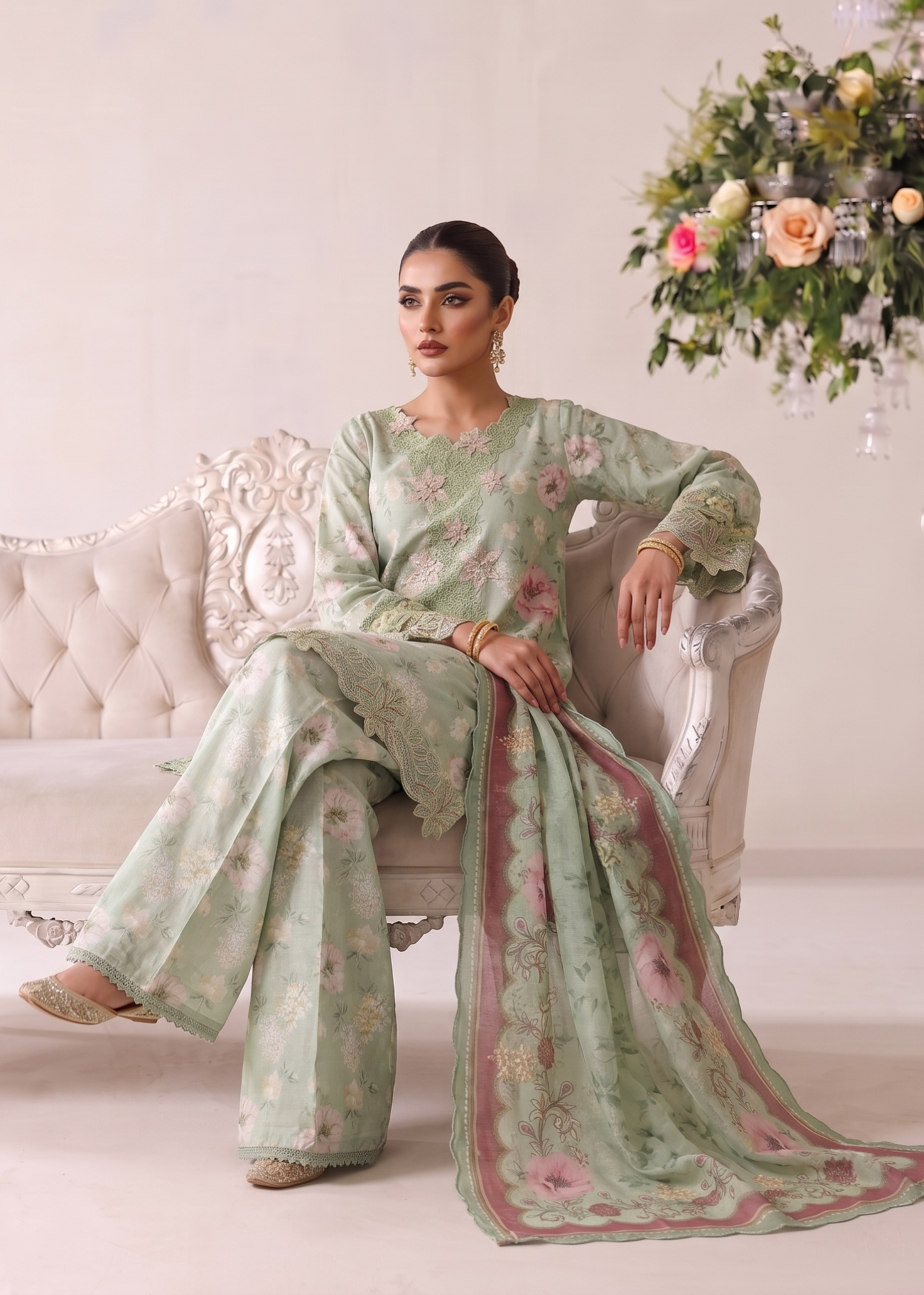 Mint Green Embroidered Lawn Sharara Gharara Online in Dubai UAE Abudhabi Ajman Sharjah