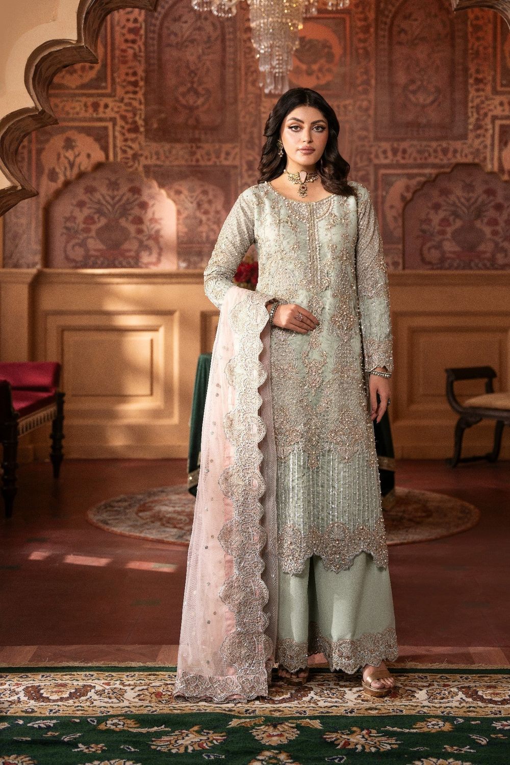 Mint Green Embroidered Net Wedding Guest Wear Suit Online in Dubai UAE Abudhabi Ajman Sharjah