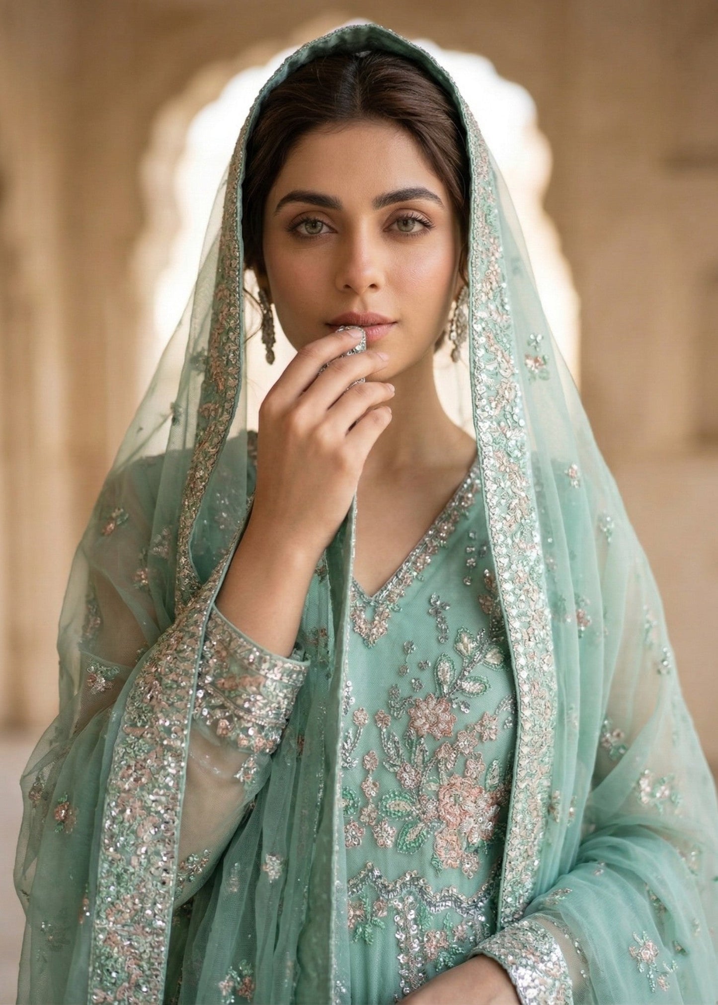 Mint Green Embroidered Organza 3 Piece Suit Online in Dubai DXB UAE Abudhabi Meena Bazaar