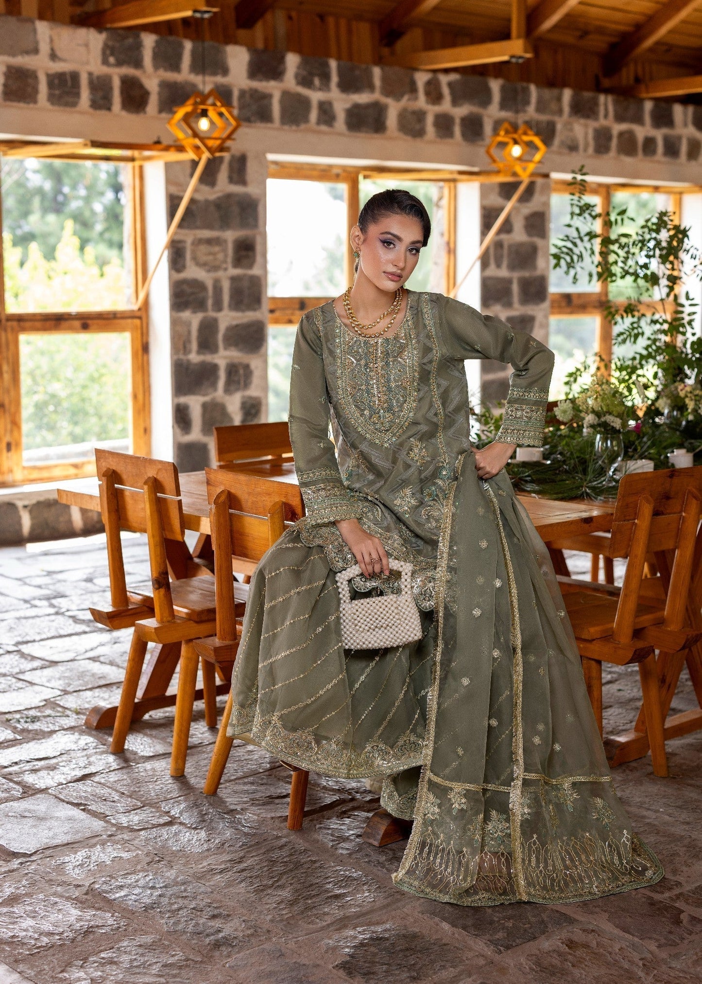 Mint Green Embroidered Organza 3 Piece Suit Online in Dubai DXB UAE Abudhabi Meena Bazaar