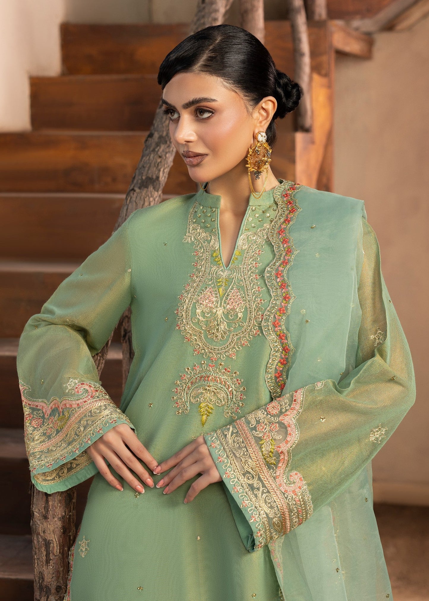 Mint Green Embroidered Organza Dupatta Suit Online in Dubai UAE Abudhabi Ajman Sharjah
