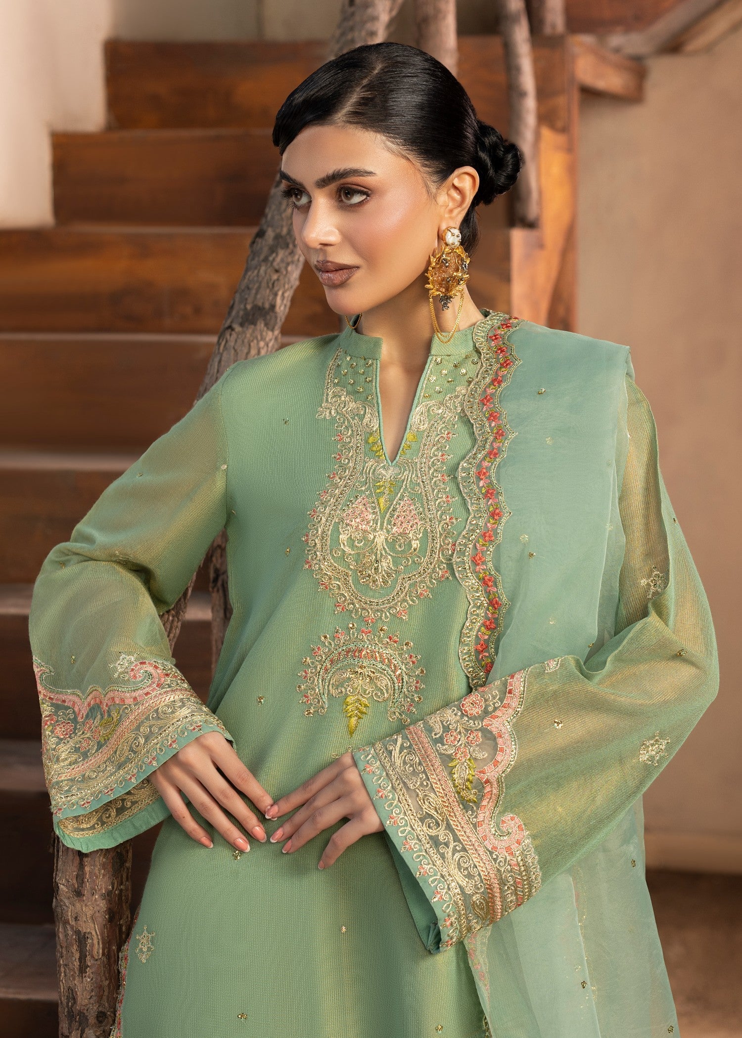 Mint Green Embroidered Organza Dupatta Suit Online in Dubai UAE Abudhabi Ajman Sharjah