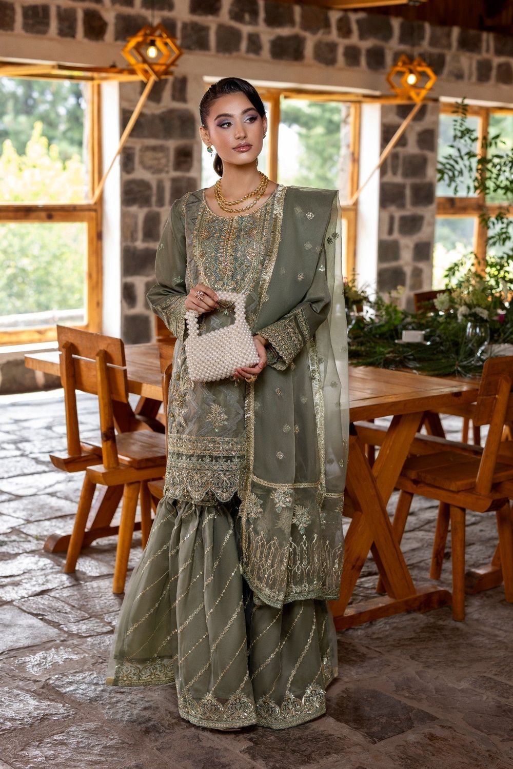 Mint Green Embroidered Organza Festive Gharara Online in Dubai UAE Abudhabi Ajman Sharjah