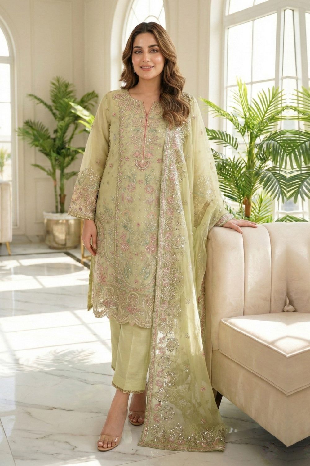 Mint Green Embroidered Organza Festive Wear Suit Online in Dubai UAE Abudhabi Ajman Sharjah