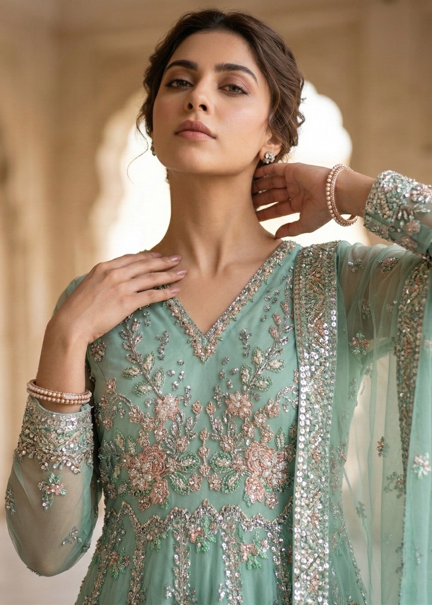 Mint Green Embroidered Organza Pakistani Designer Suit Online in Sri Lanka India Australia