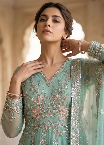 Mint Green Embroidered Organza Pakistani Designer Suit Online in Sri Lanka India Australia