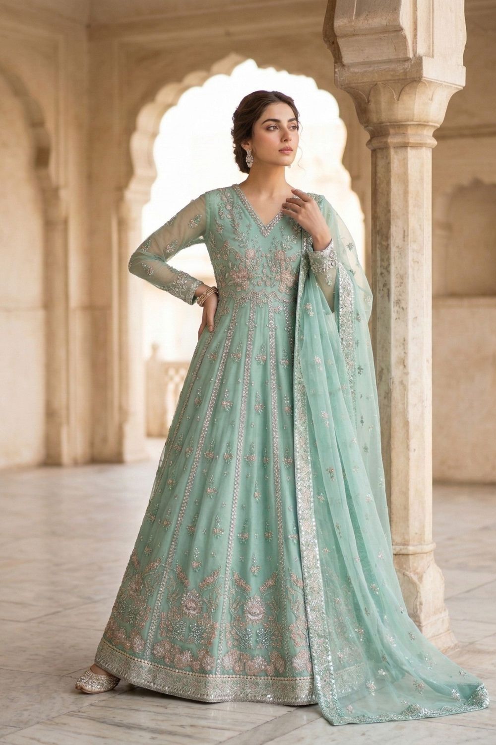 Mint Green Embroidered Organza Salwar Kameez Online in Dubai UAE Abudhabi Ajman Sharjah
