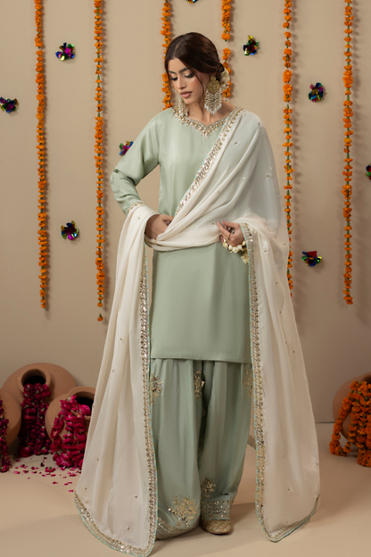 Mint Green Embroidered Raw Silk Farshi Shalwar Online in Dubai UAE Abudhabi Ajman Sharjah