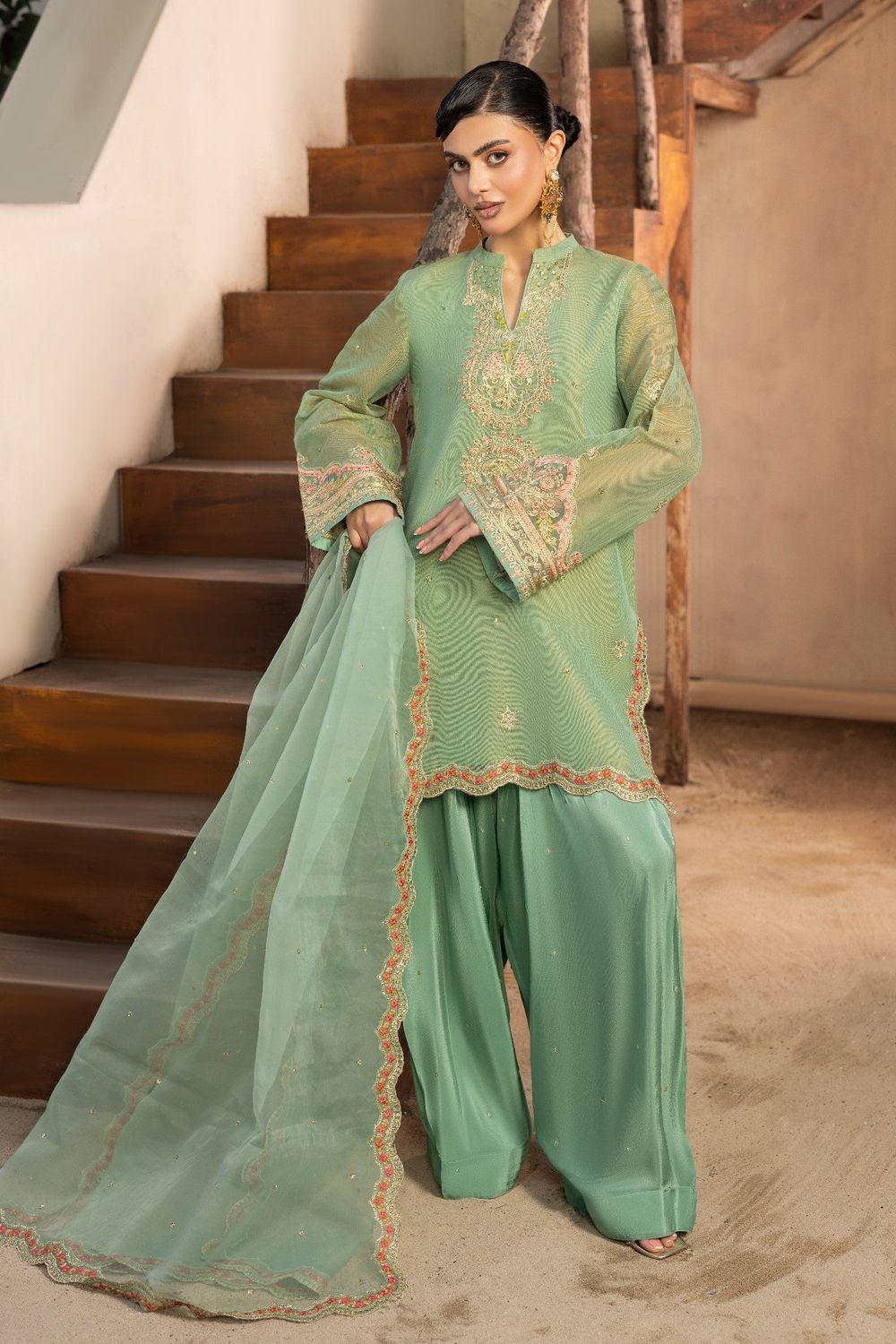 Mint Green Embroidered Raw Silk Kurta Sharara Online in Dubai UAE Abudhabi Ajman Sharjah