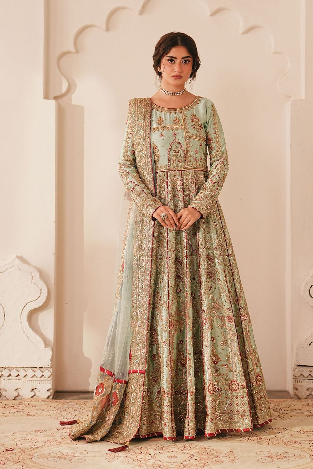 Mint Green Embroidered Silk Anarkali Suit Online in Dubai UAE Abudhabi Ajman Sharjah